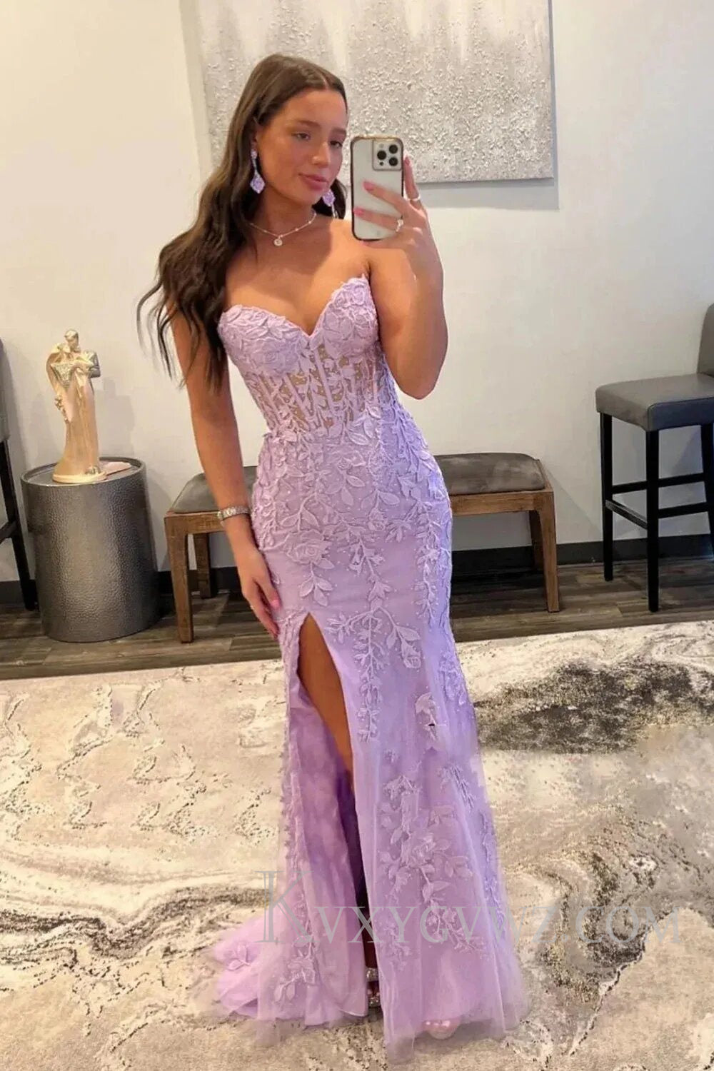 Pink Corset Sweetheart Long Lace Prom Dress with Slit LF107