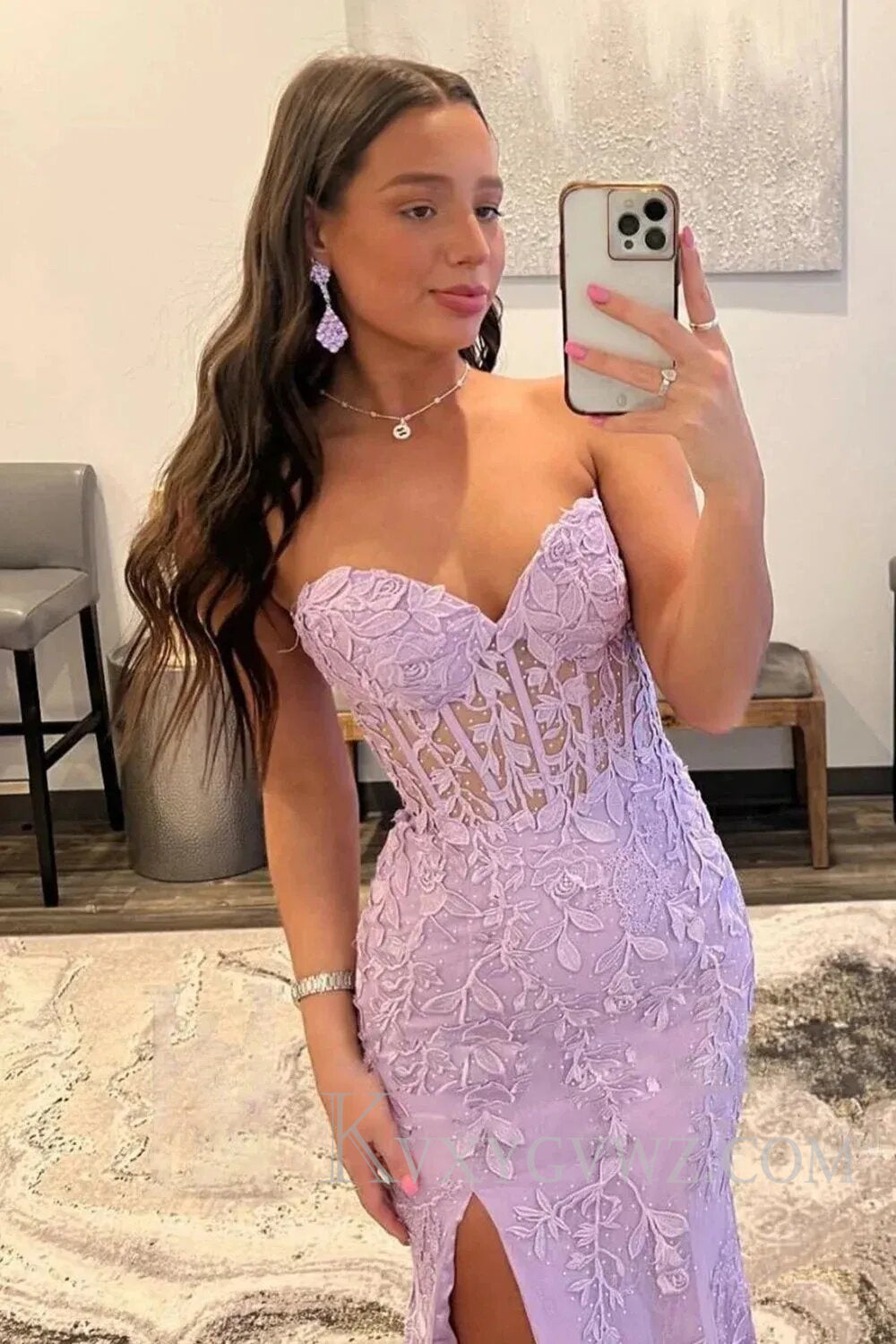 Pink Corset Sweetheart Long Lace Prom Dress with Slit LF107
