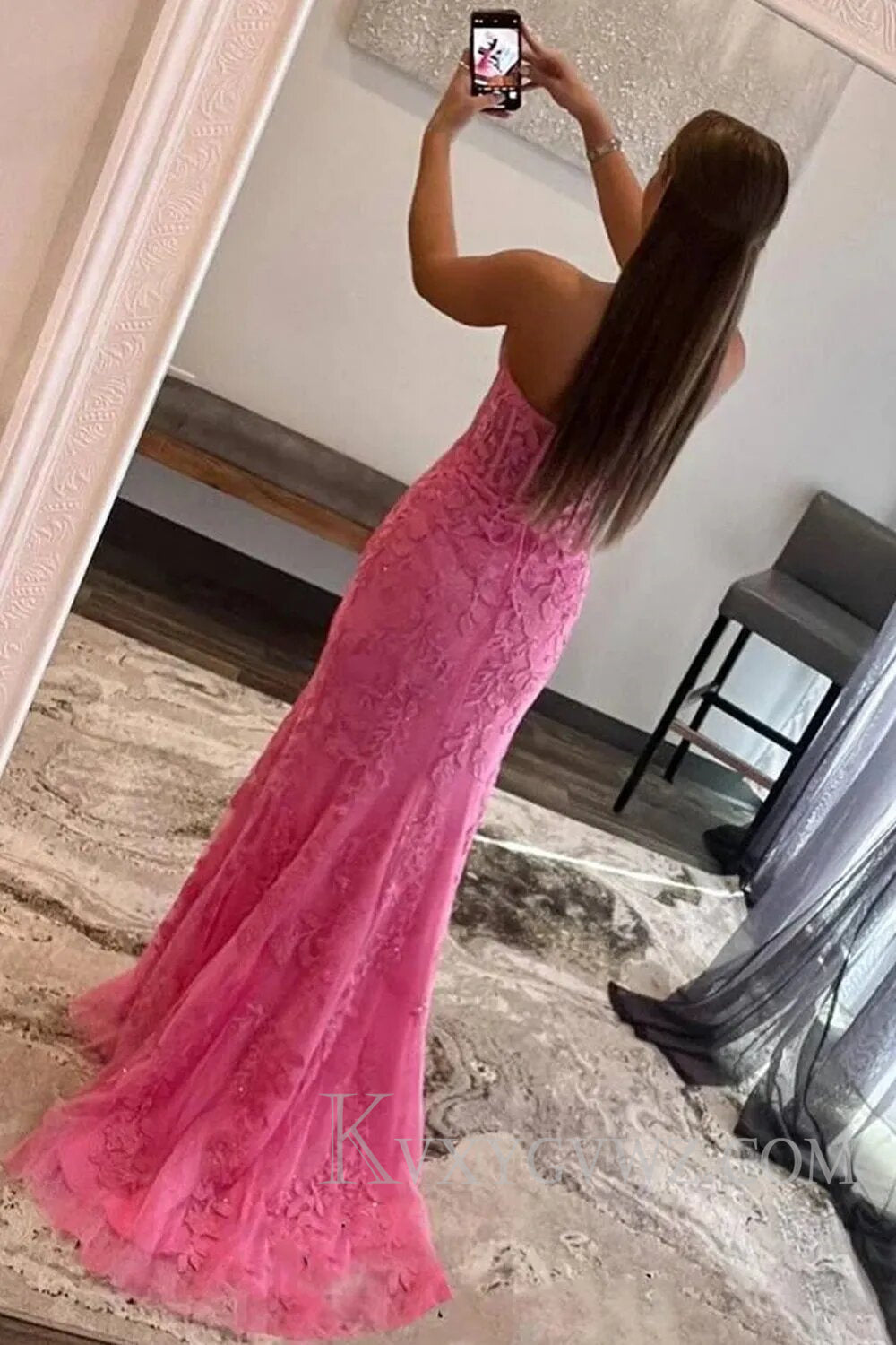 Pink Corset Sweetheart Long Lace Prom Dress with Slit LF107