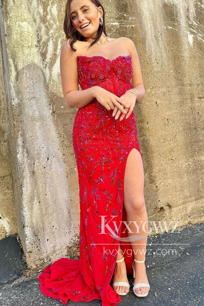 Royal Blue Sequins Lace Evening Gown Strapless Long Prom Dress with Slit LF1072