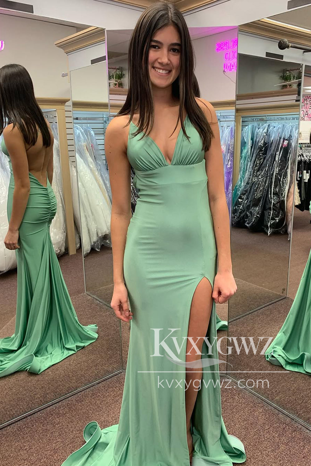 Stunning Mermaid V Neck Evening Gown Green Elastic Satin Long Prom Dress LF1073