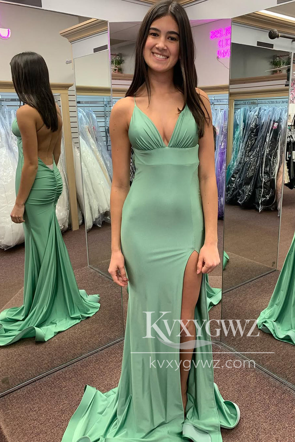 Stunning Mermaid V Neck Evening Gown Green Elastic Satin Long Prom Dress LF1073