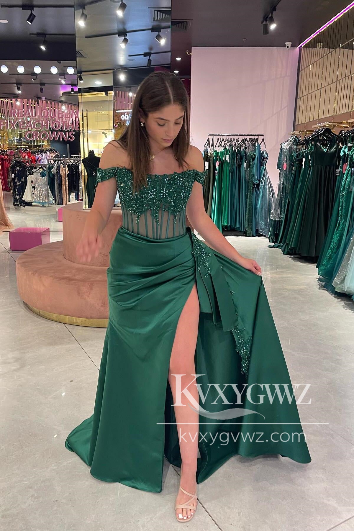 Charming Mermaid Evening Gown Off the Shoulder Burgundy Satin Prom Dress With Appliques LF1075