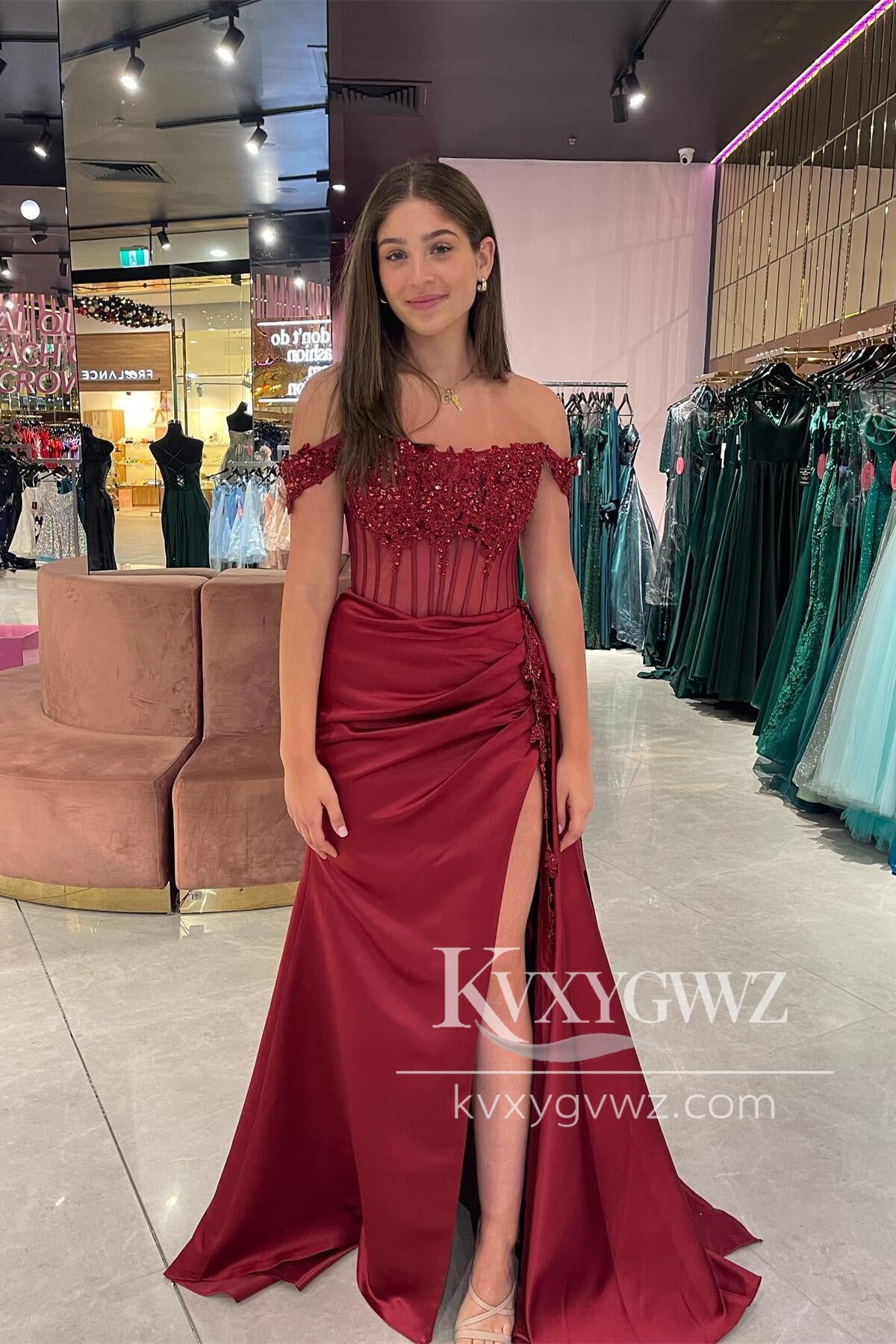 Charming Mermaid Evening Gown Off the Shoulder Burgundy Satin Prom Dress With Appliques LF1075