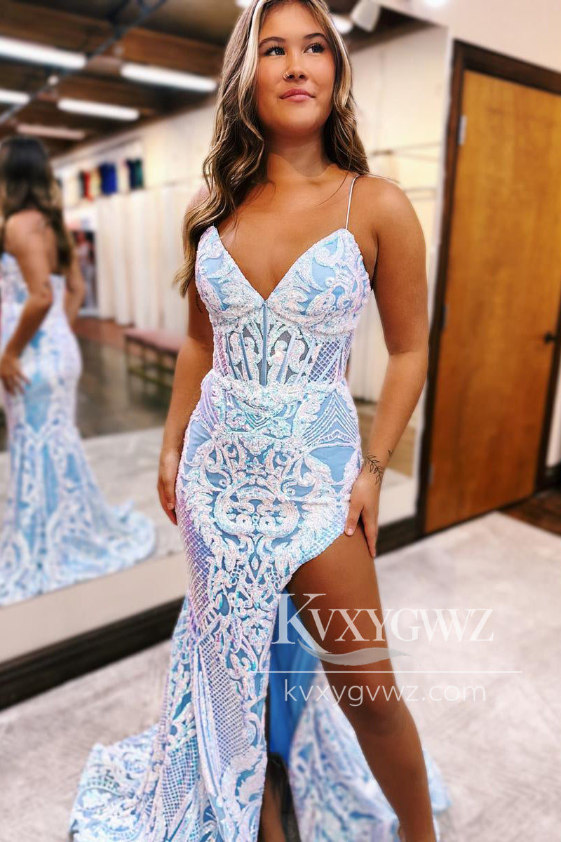 Royal Blue V Neck Evening Gown Sequins Lace Mermaid Long Prom Dress with Slit LF1076