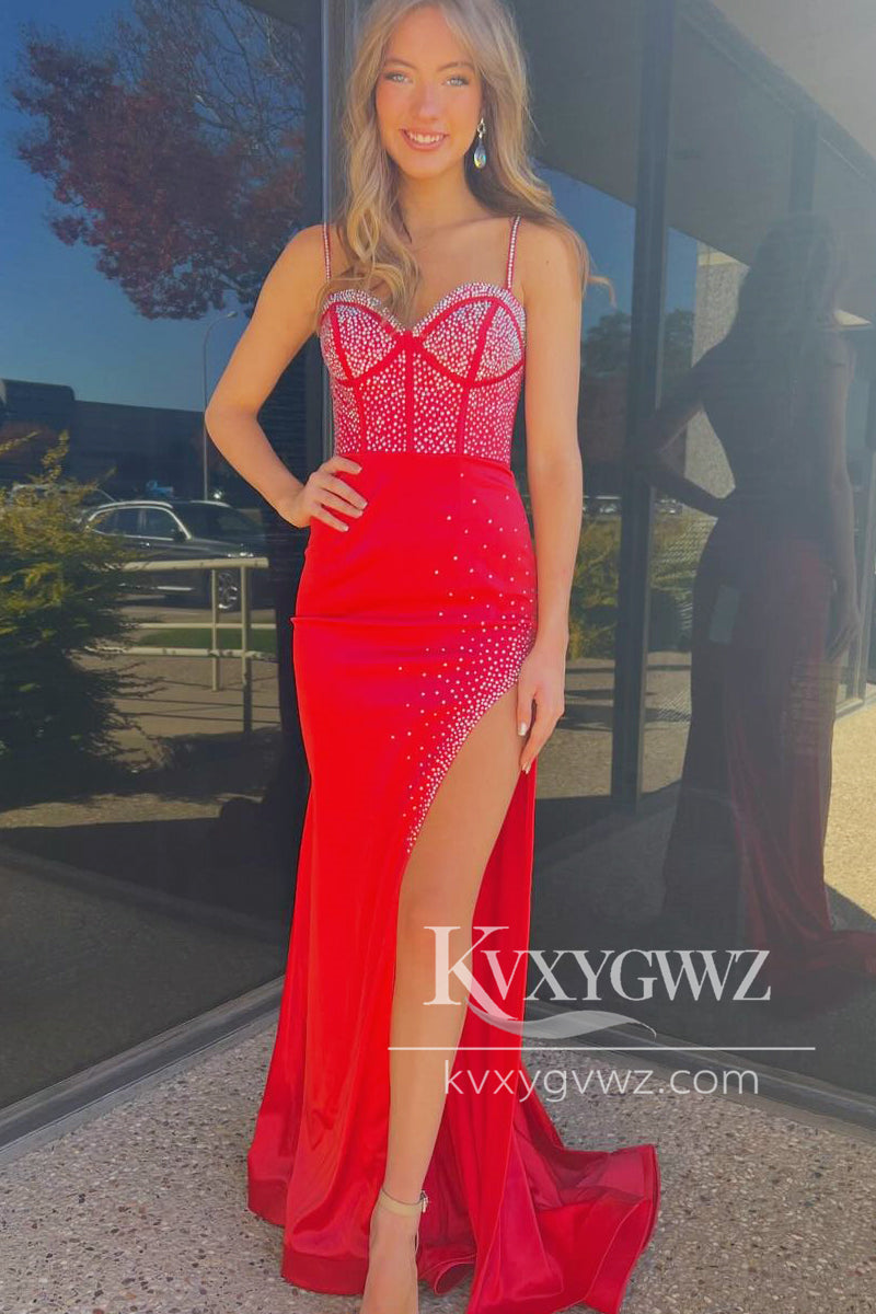 Royal Blue Spaghetti Strap Sweetheart Evening Gown Beaded Mermaid Long Prom Dress with Slit LF1077