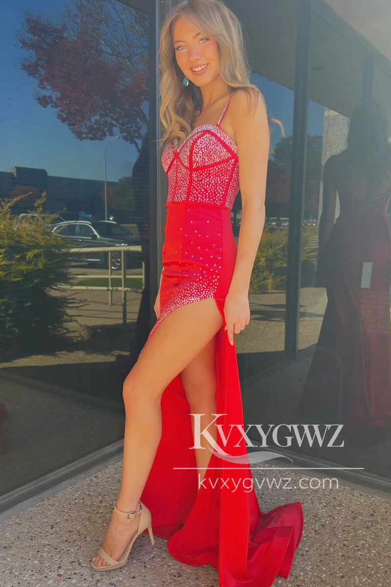Royal Blue Spaghetti Strap Sweetheart Evening Gown Beaded Mermaid Long Prom Dress with Slit LF1077