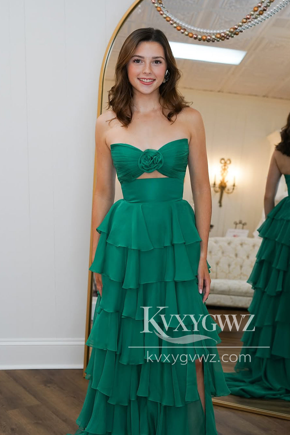 A Line V Neck Green Chiffon Evening Gown Tiered Prom Dress Gown with Slit LF1078