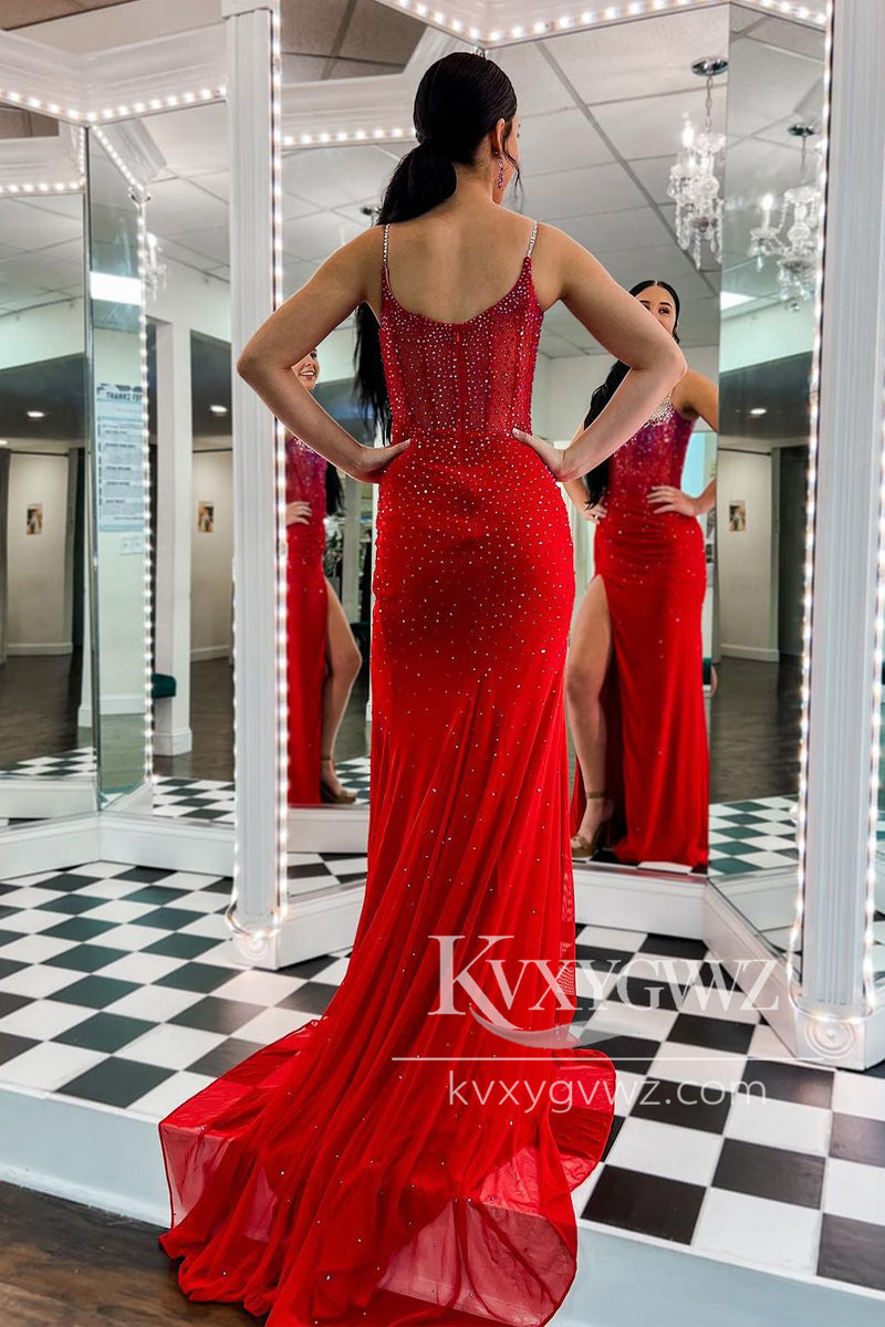 Red Scoop Neck Beaded Evening Gown Mermaid Long Prom Dress Gown LF1080