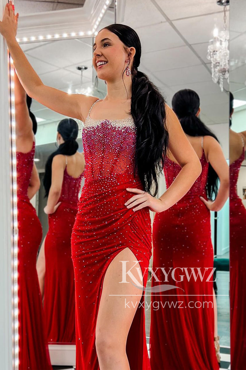 Red Scoop Neck Beaded Evening Gown Mermaid Long Prom Dress Gown LF1080