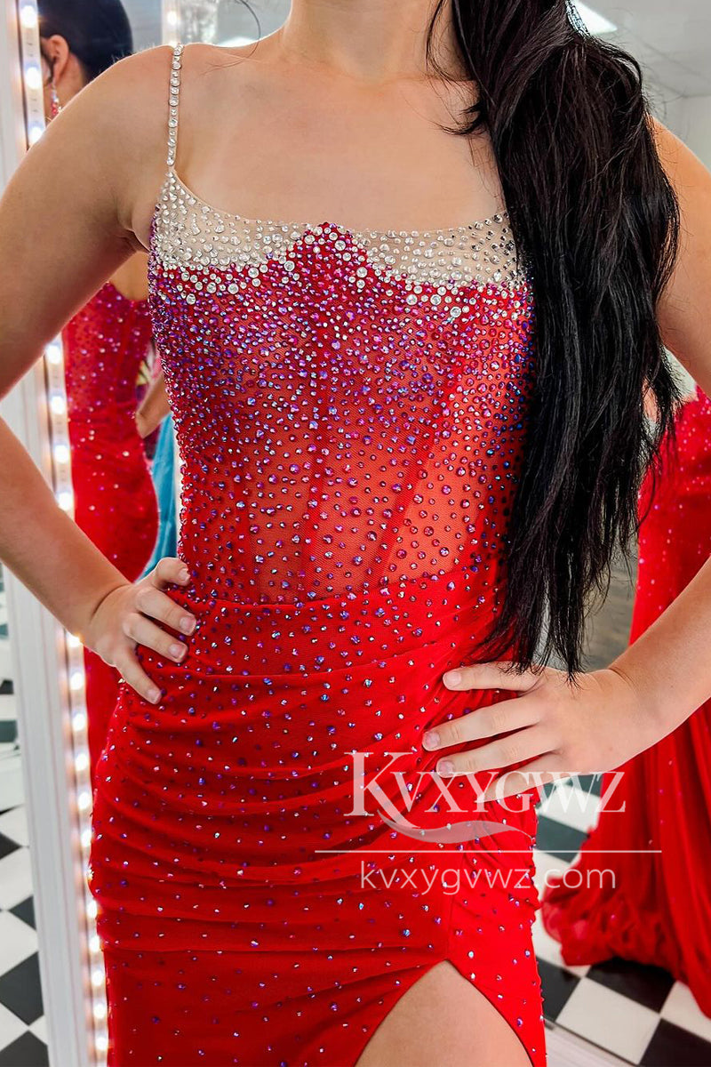 Red Scoop Neck Beaded Evening Gown Mermaid Long Prom Dress Gown LF1080