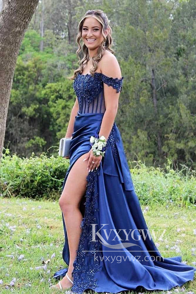 Mermaid Off the-Shoulder Evening Gown Green Satin Prom Dress with Appliques LF1082