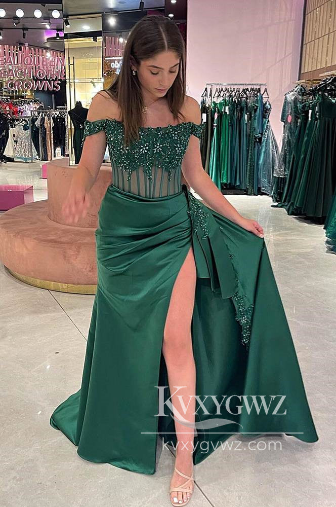 Mermaid Off the-Shoulder Evening Gown Green Satin Prom Dress with Appliques LF1082
