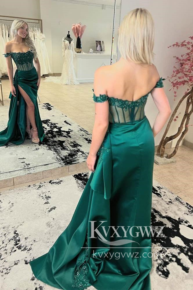 Mermaid Off the-Shoulder Evening Gown Green Satin Prom Dress with Appliques LF1082