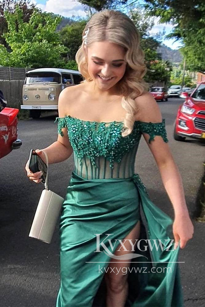 Mermaid Off the-Shoulder Evening Gown Green Satin Prom Dress with Appliques LF1082
