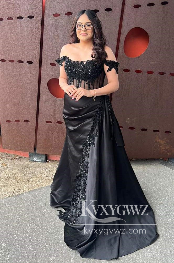 Mermaid Off the-Shoulder Evening Gown Green Satin Prom Dress with Appliques LF1082