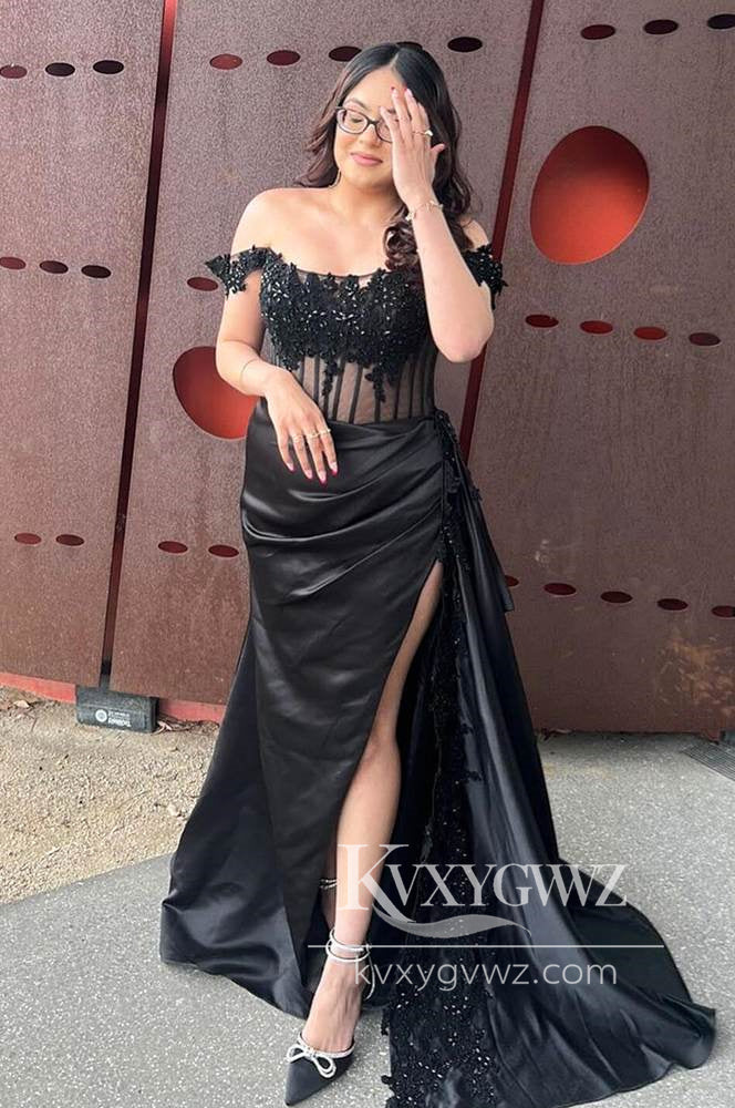 Mermaid Off the-Shoulder Evening Gown Green Satin Prom Dress with Appliques LF1082