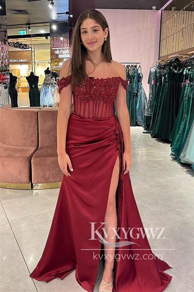 Mermaid Off the-Shoulder Evening Gown Green Satin Prom Dress with Appliques LF1082