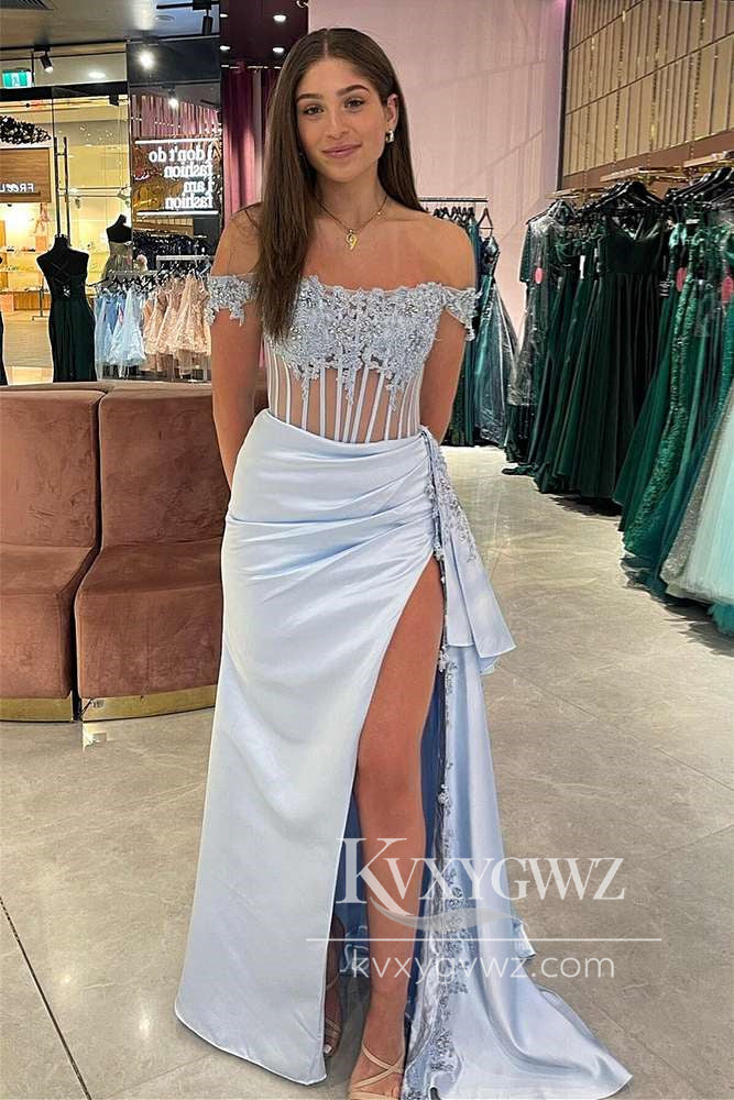 Mermaid Off the-Shoulder Evening Gown Green Satin Prom Dress with Appliques LF1082