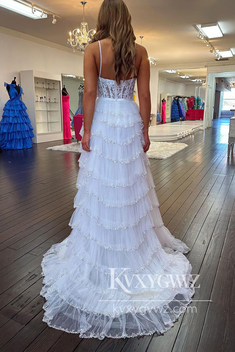 White Tulle Appliques Evening Gown Sweetheart Long Prom Dress with Slit LF1083
