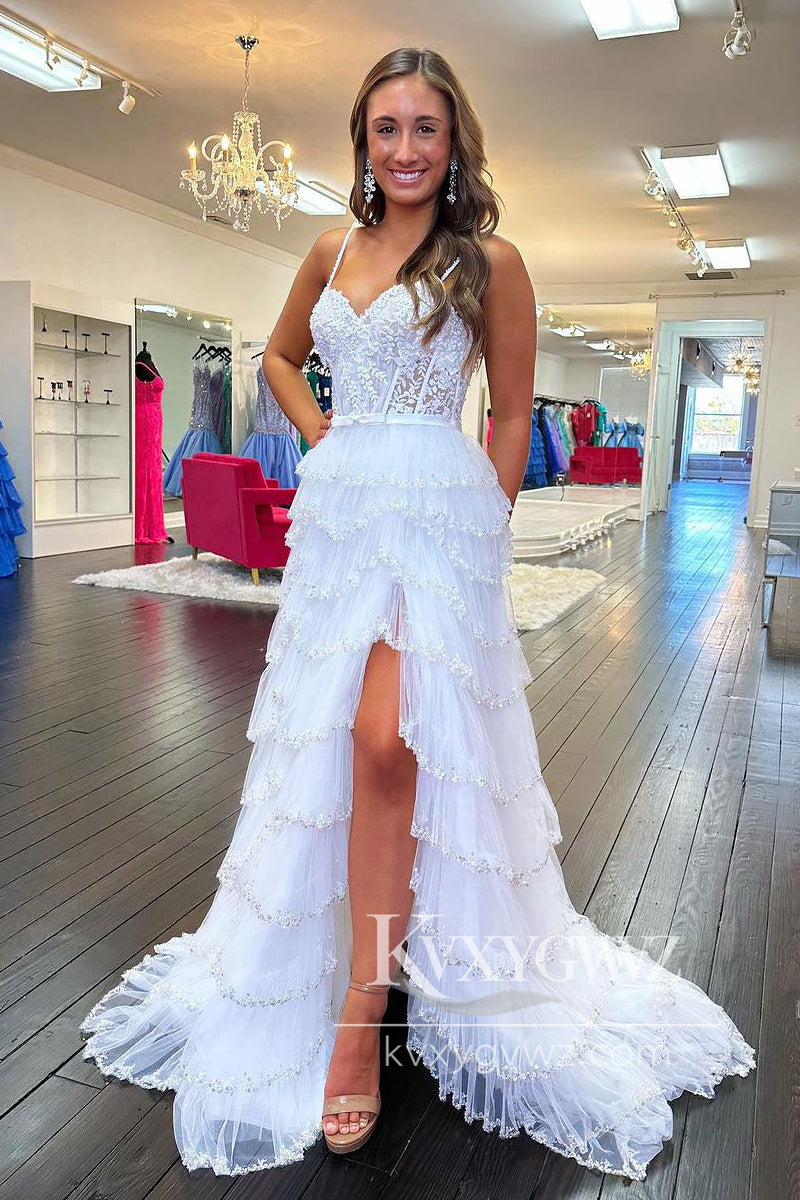 White Tulle Appliques Evening Gown Sweetheart Long Prom Dress with Slit LF1083