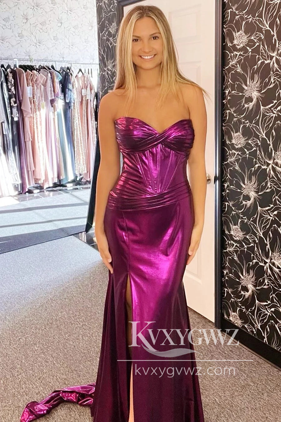 Purple Sweetheart Evening Gown Ruching Trumpet Long Prom Dress with Slit LF1084