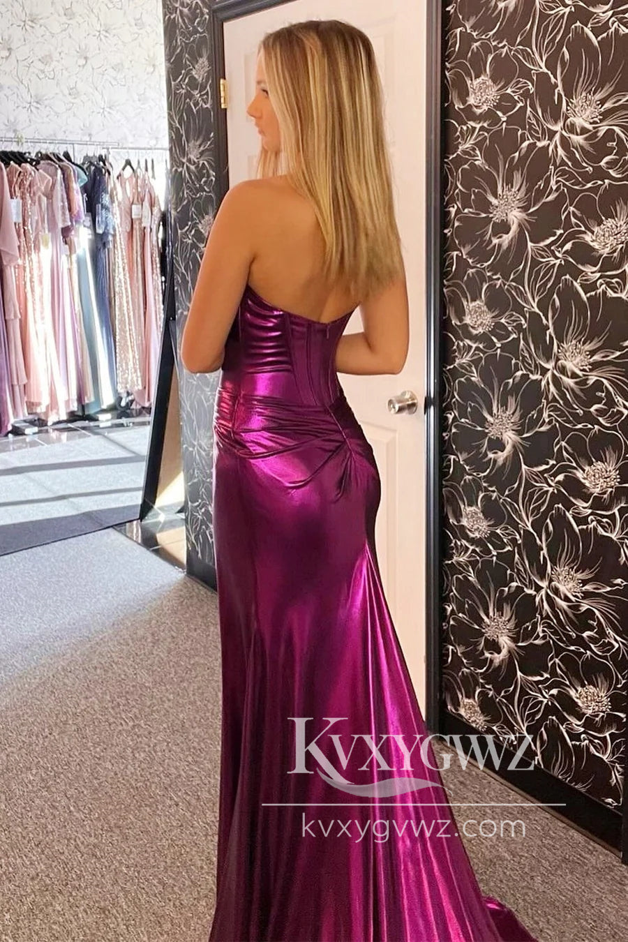 Purple Sweetheart Evening Gown Ruching Trumpet Long Prom Dress with Slit LF1084