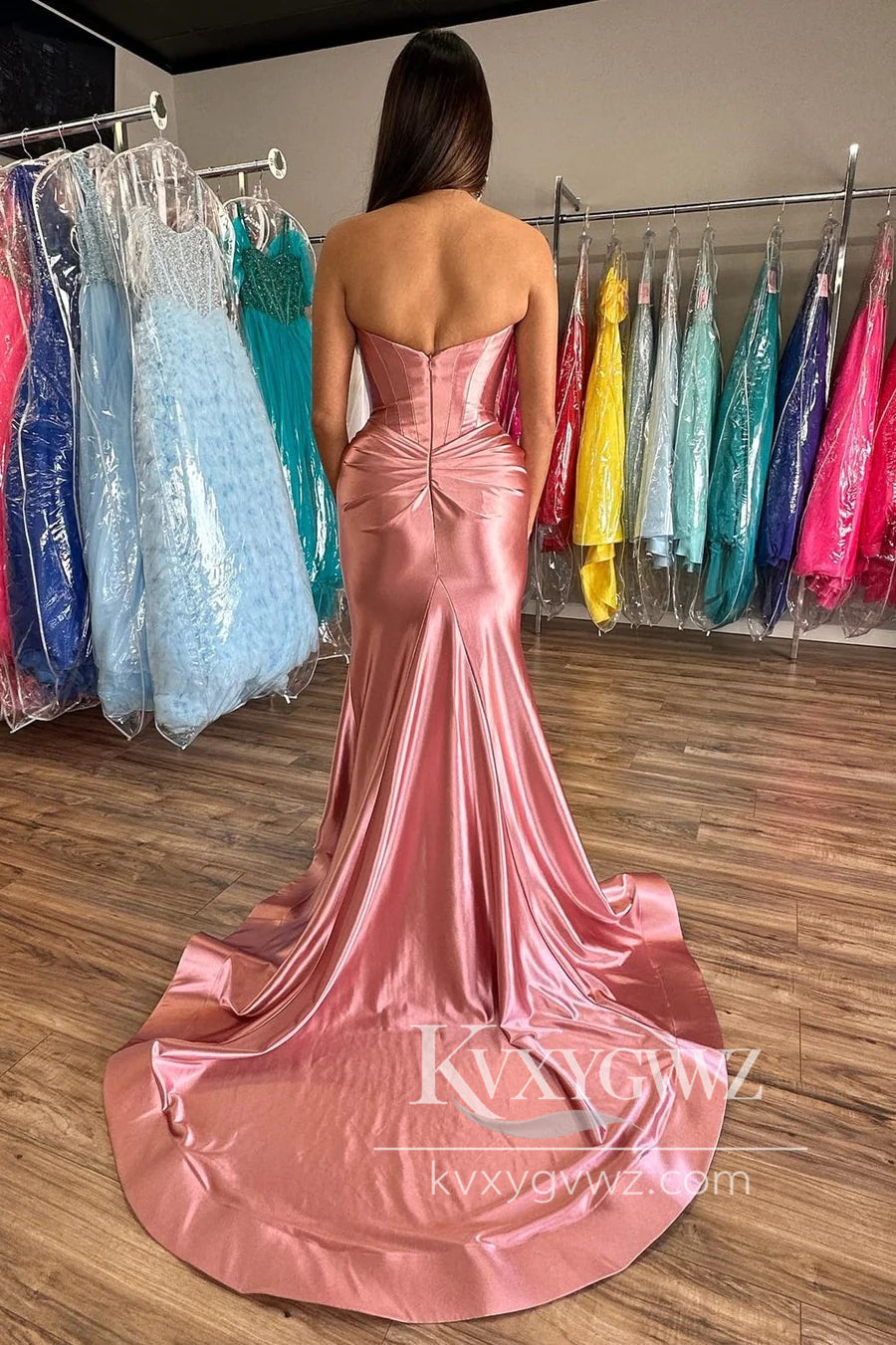 Purple Sweetheart Evening Gown Ruching Trumpet Long Prom Dress with Slit LF1084