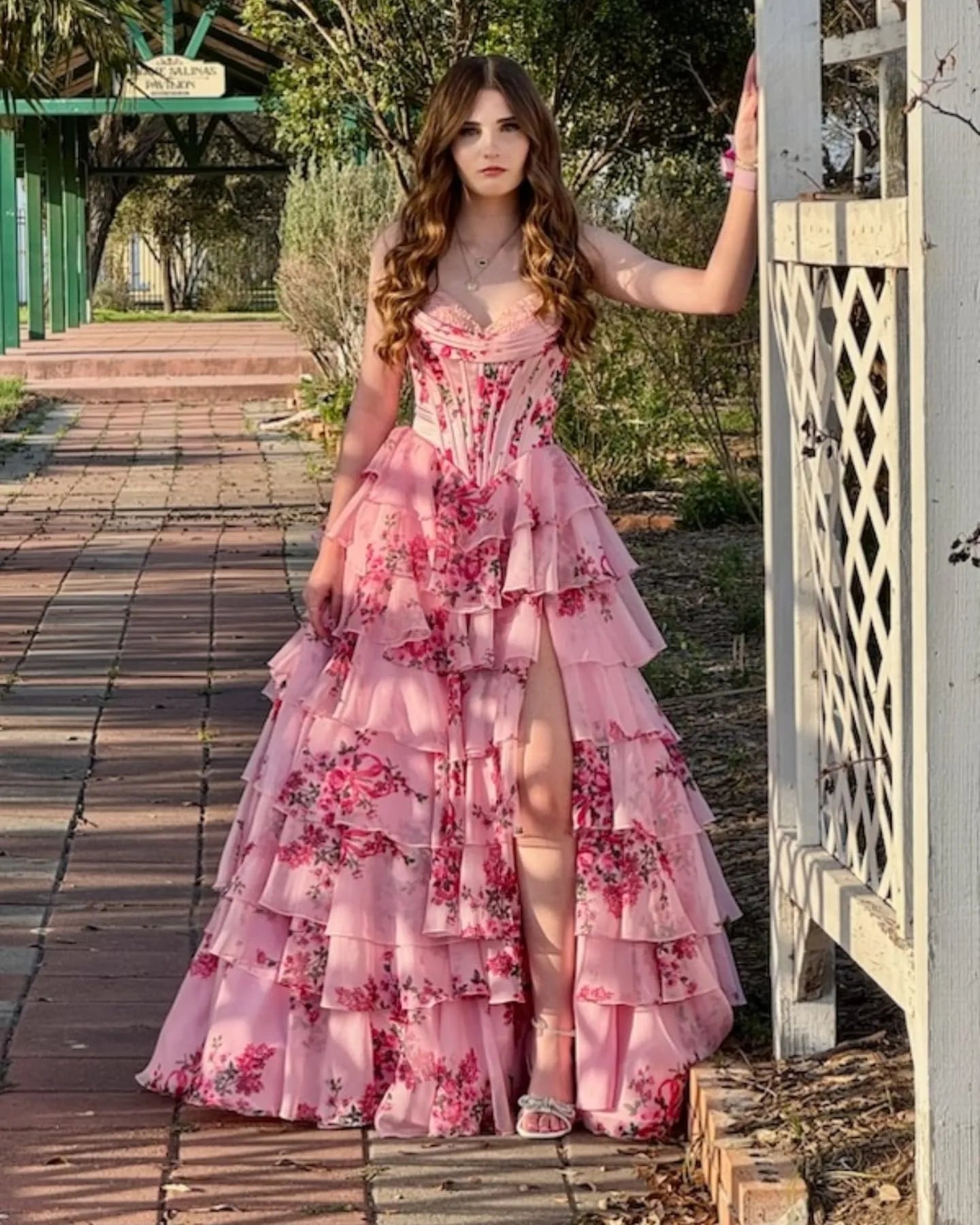 White Blue/Pink Flower Tiered Sweetheart Corset High Split Long Prom Dress LF001