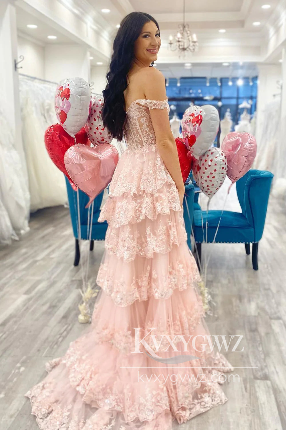 Pink A-Line Evening Gown Off The Shoulder Sweep Train Tiered Prom Dress With Slit LF1086