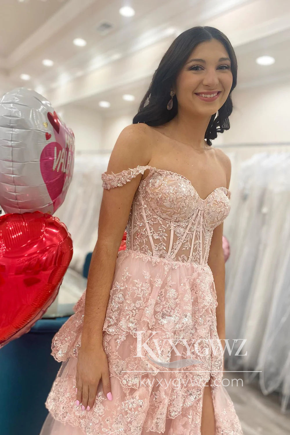 Pink A-Line Evening Gown Off The Shoulder Sweep Train Tiered Prom Dress With Slit LF1086