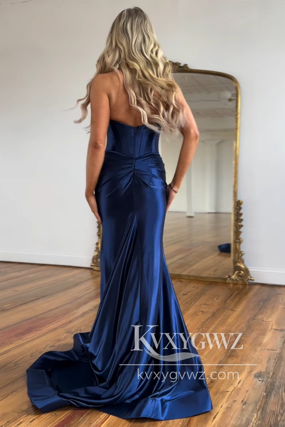 Sexy Mermaid Halter Evening Gown Red Satin Long Prom Dress with Slit LF1087