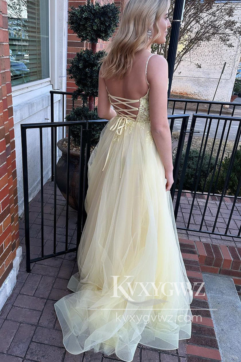 Spaghetti Strap Yellow Evening Gown V Neck Tulle Long Prom Dress with Appliques LF1089