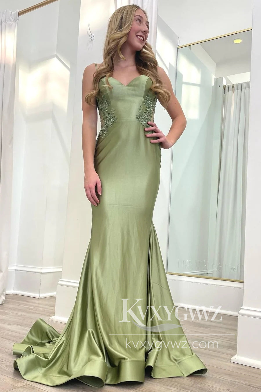 Sage Green Sweetheart Evening Gown Spaghetti Strap Backless Trumpet Long Prom Dress LF1091