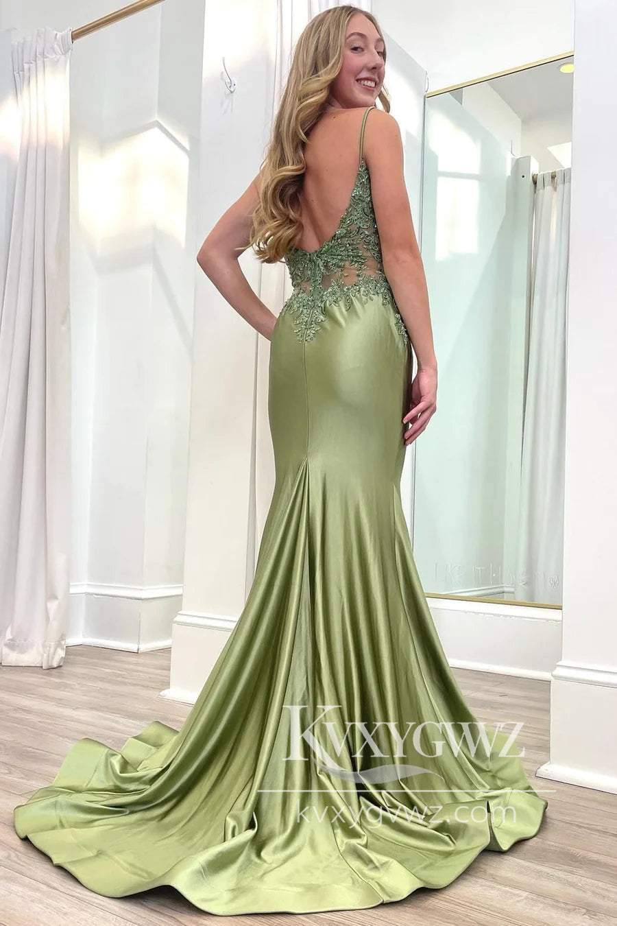 Sage Green Sweetheart Evening Gown Spaghetti Strap Backless Trumpet Long Prom Dress LF1091