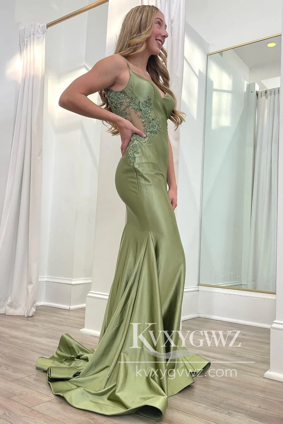 Sage Green Sweetheart Evening Gown Spaghetti Strap Backless Trumpet Long Prom Dress LF1091