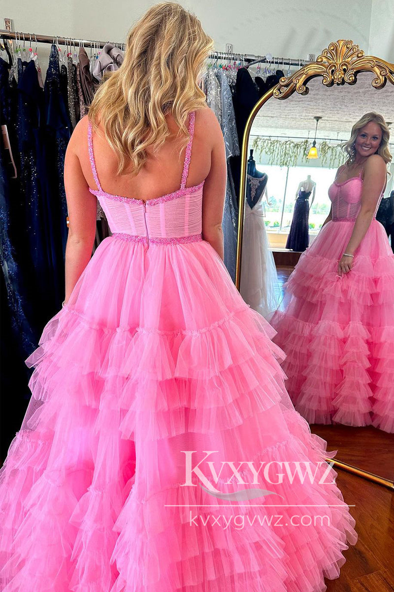 Pink Ruffle Tiered Tulle Evening Gown Sweetheart Long Prom Dress with Beading LF1092