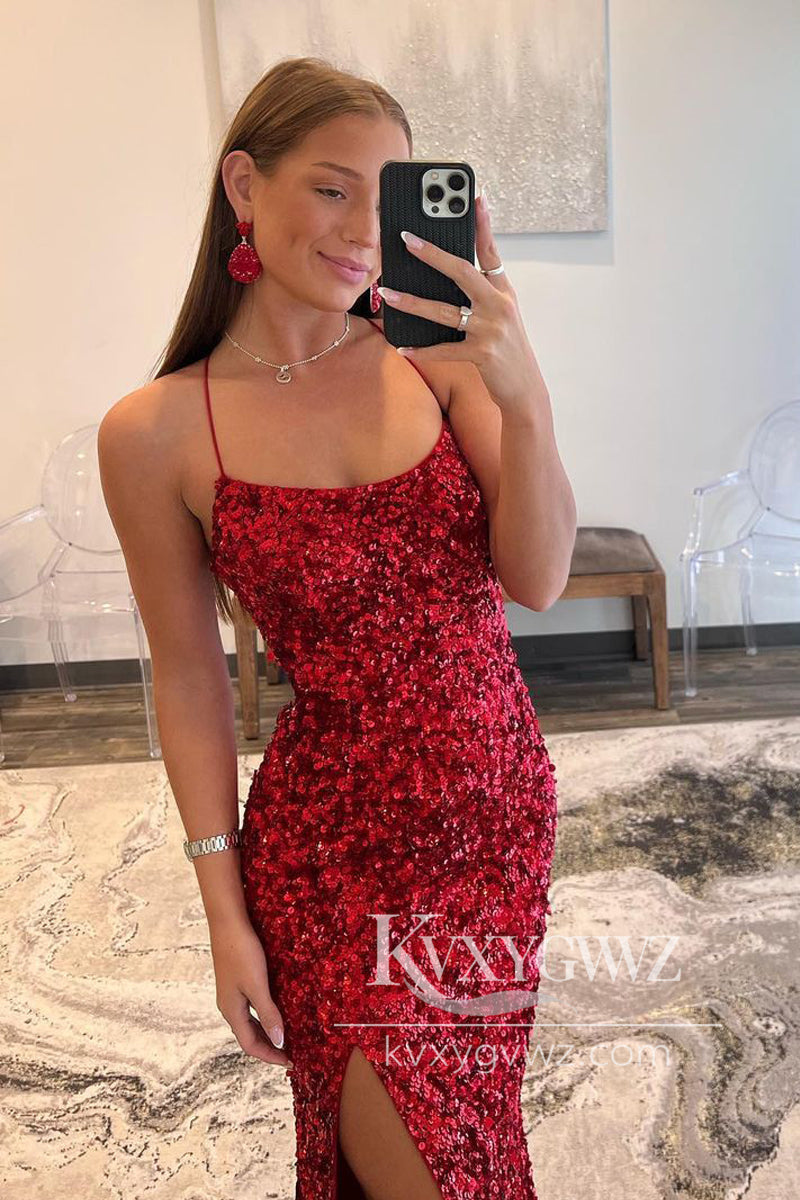 Red Sequin Evening Gown Scoop Neck Long Prom Dress with Slit LF1093
