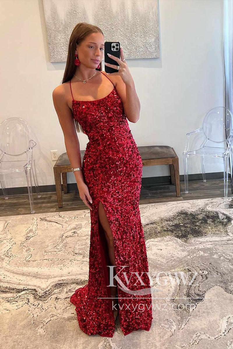 Red Sequin Evening Gown Scoop Neck Long Prom Dress with Slit LF1093