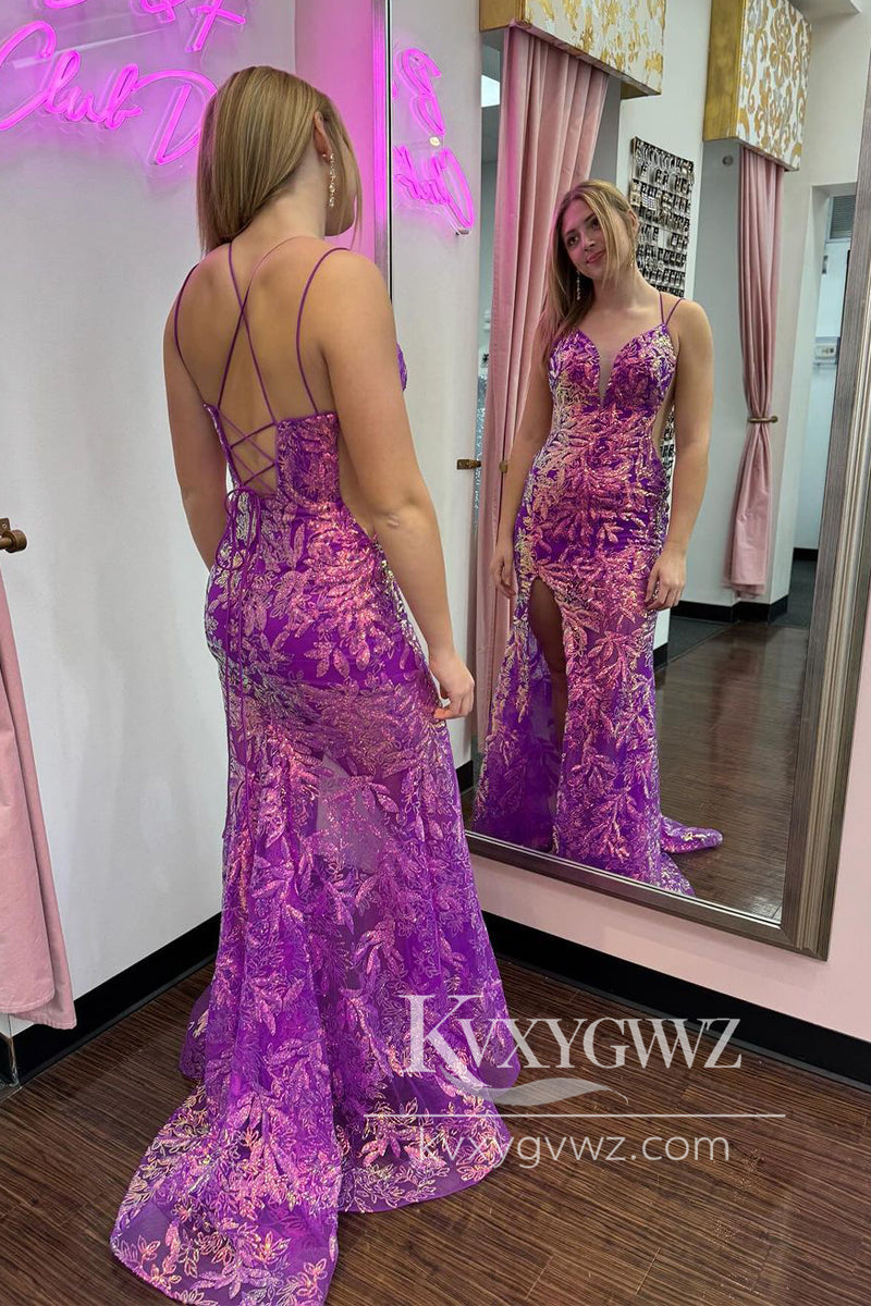 Purple Sequins Lace Evening Gown V Neck Mermaid Long Prom Dress with Slit LF1094