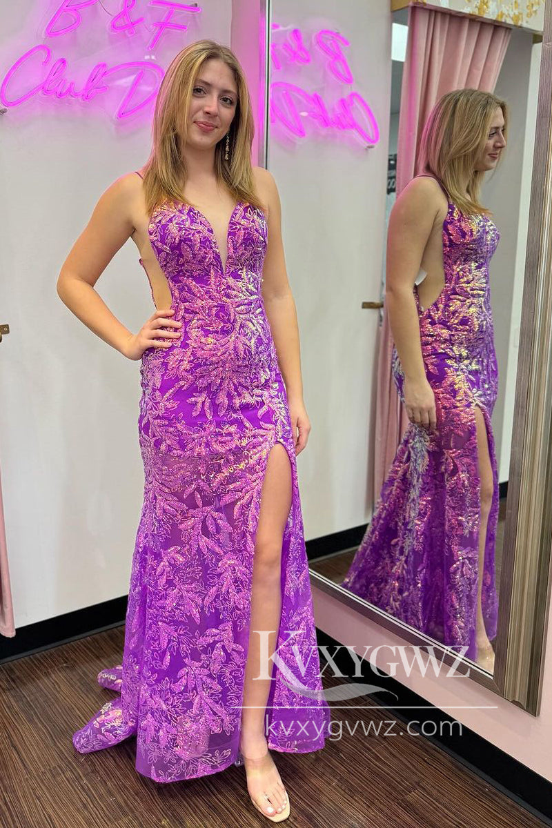 Purple Sequins Lace Evening Gown V Neck Mermaid Long Prom Dress with Slit LF1094