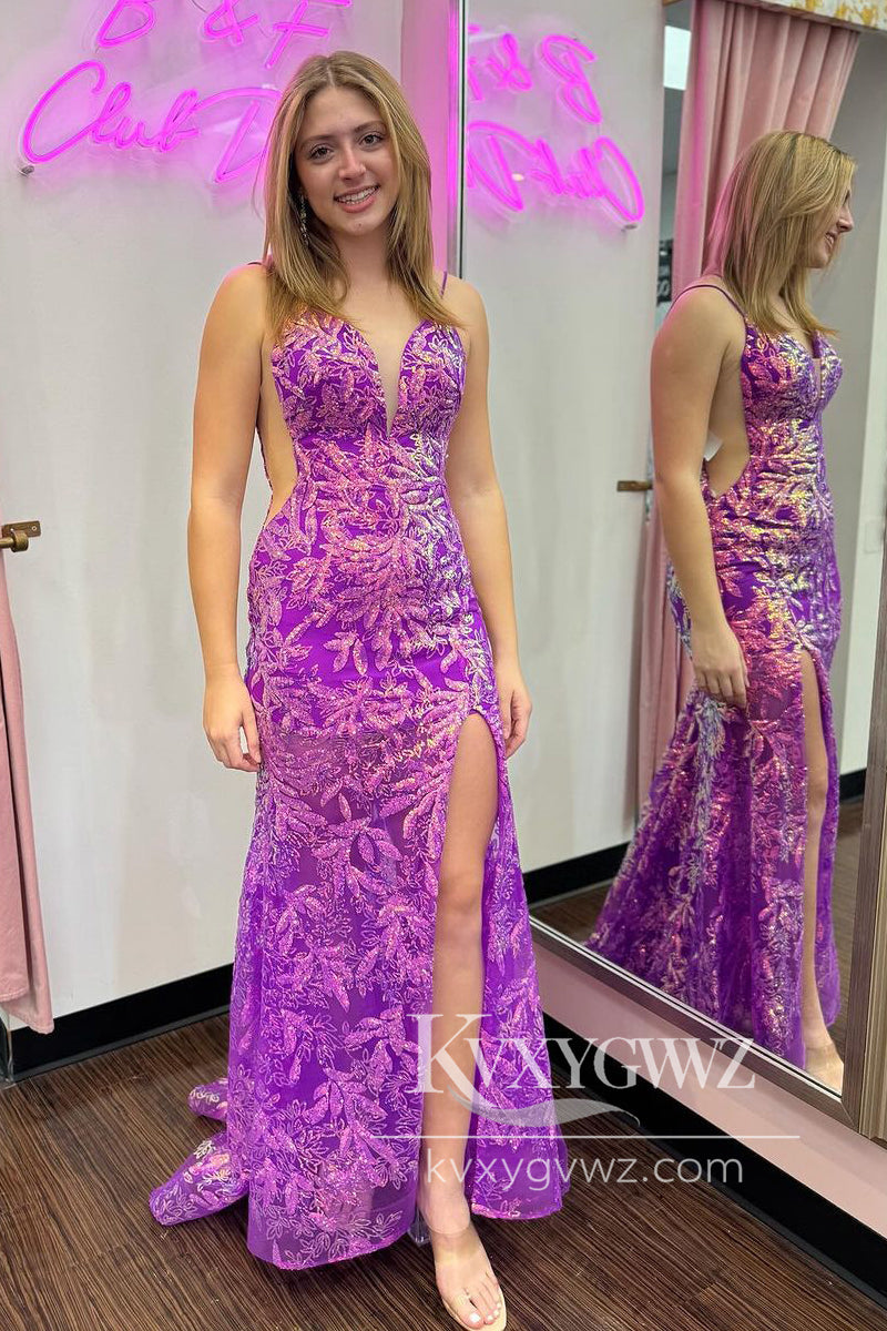 Purple Sequins Lace Evening Gown V Neck Mermaid Long Prom Dress with Slit LF1094