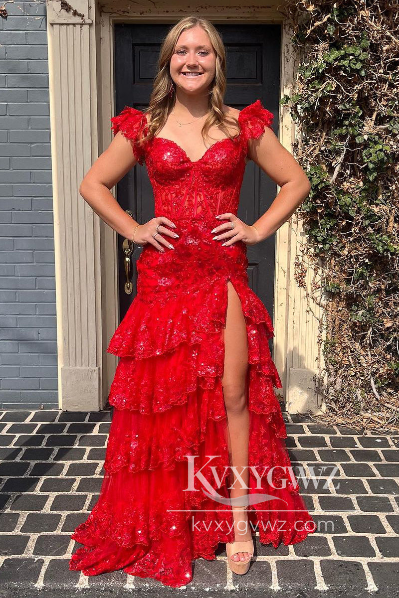 Red Sweetheart Tiered Sequin Evening Gown Tulle Mermaid Long Prom Dress LF1095