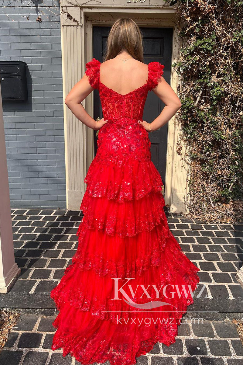 Red Sweetheart Tiered Sequin Evening Gown Tulle Mermaid Long Prom Dress LF1095