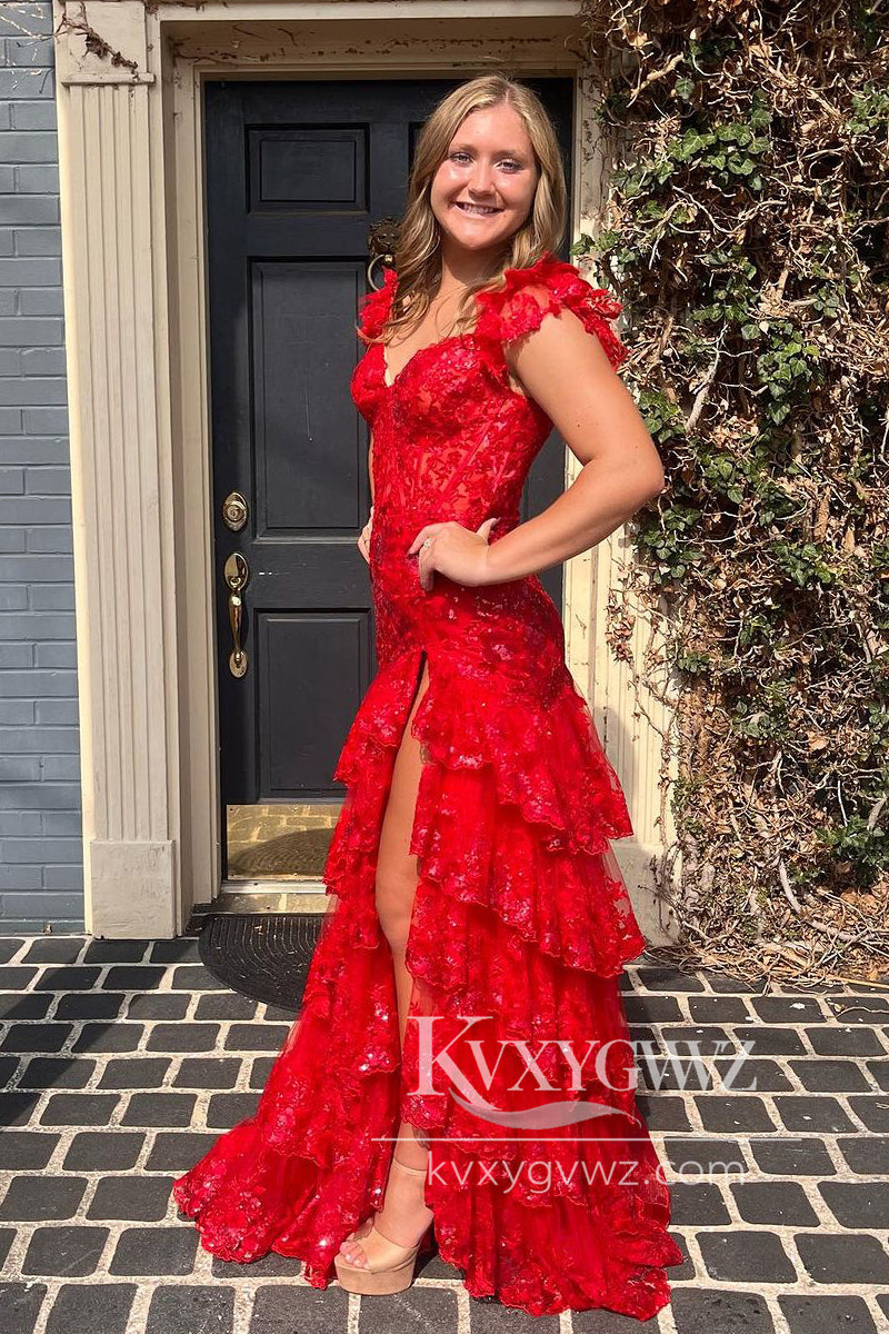 Red Sweetheart Tiered Sequin Evening Gown Tulle Mermaid Long Prom Dress LF1095