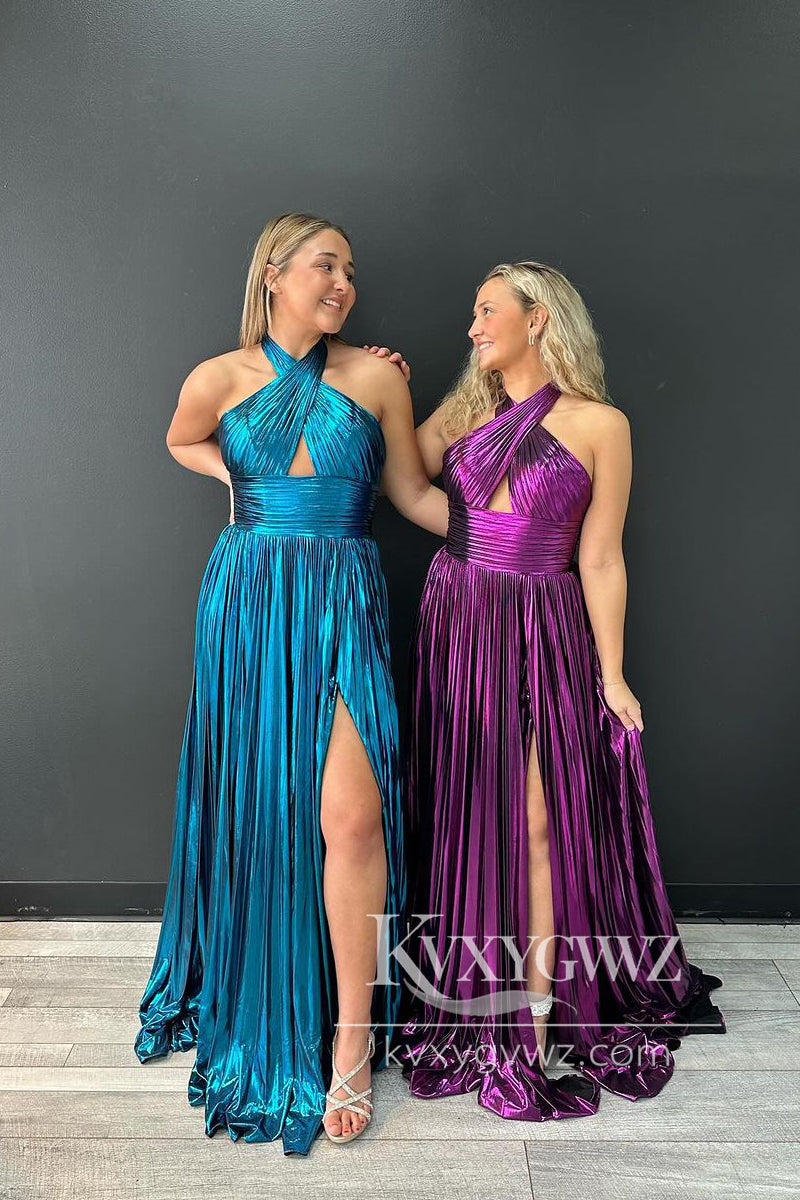 Purple Halter Evening Gown Pleated Satin A-Line Prom Dress with Slit LF1099