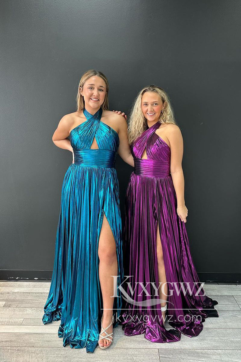 Purple Halter Evening Gown Pleated Satin A-Line Prom Dress with Slit LF1099