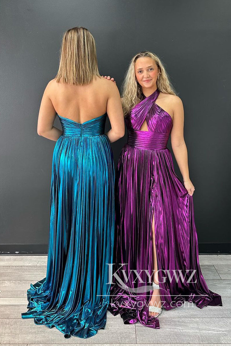 Purple Halter Evening Gown Pleated Satin A-Line Prom Dress with Slit LF1099