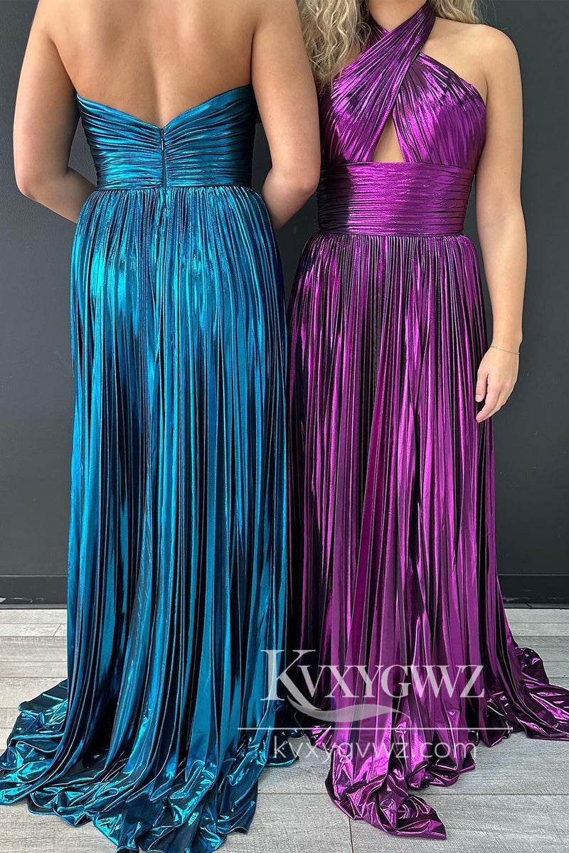 Purple Halter Evening Gown Pleated Satin A-Line Prom Dress with Slit LF1099