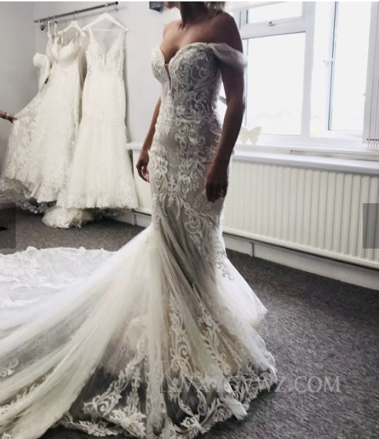 Elegant Off The Shoulder Mermaid Ivory Wedding Gown/Dress With Lace HS404